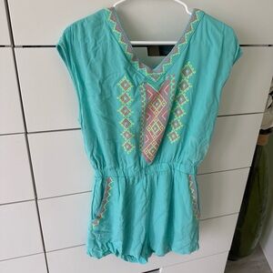 Izzy & Lola Turquoise Romper with Pink & Neon Embroidery
